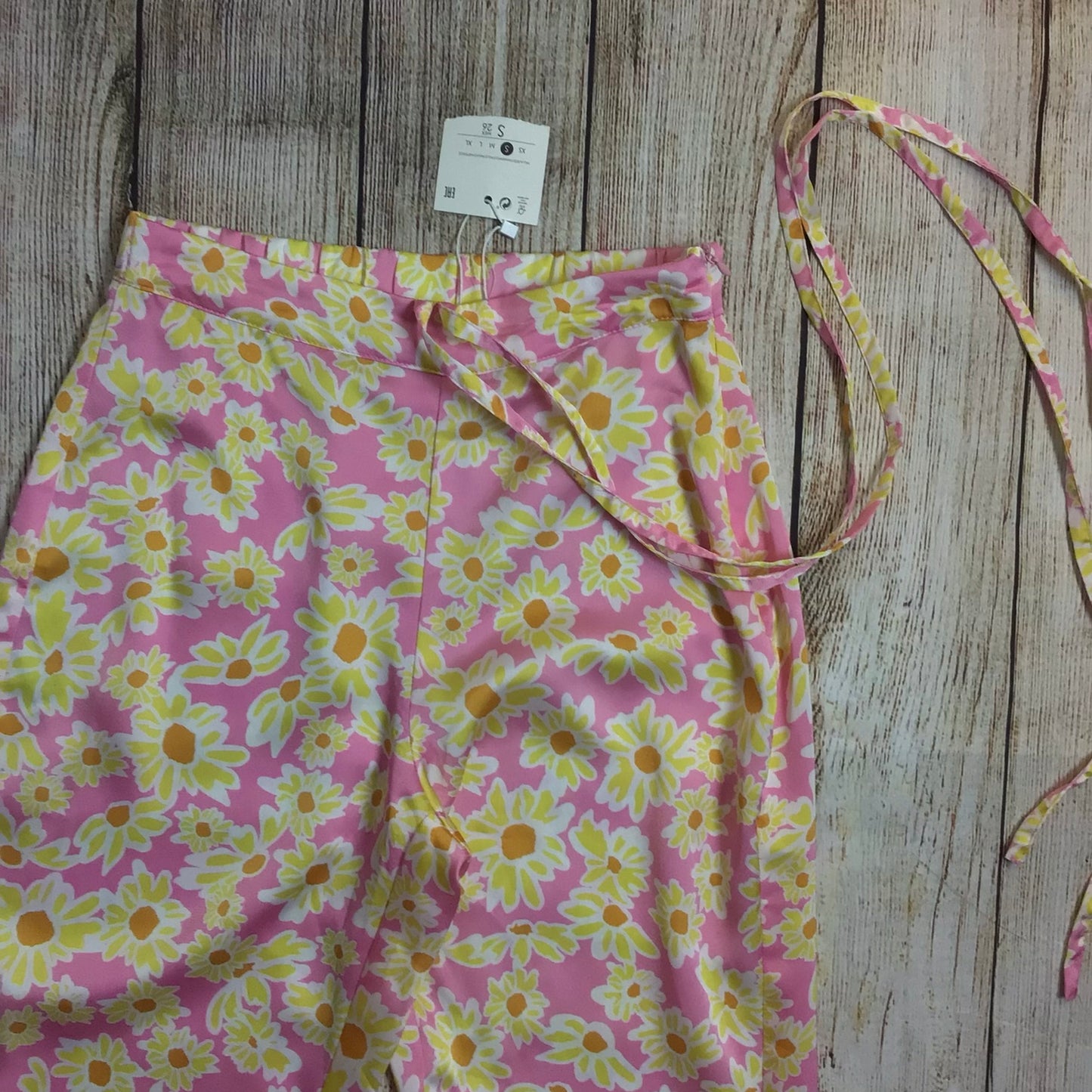 BNWT Bershka Pink & Yellow Floral Retro Print Flared Hippie Trousers Size S