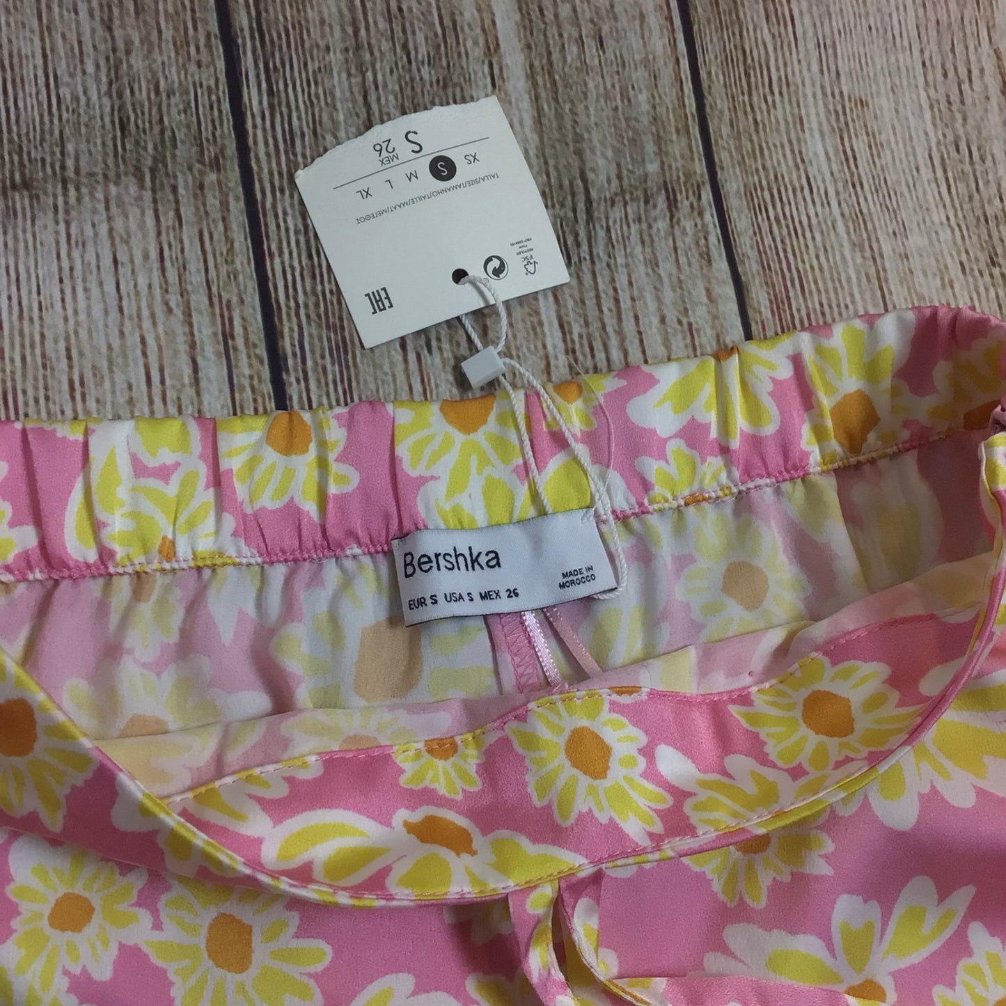 BNWT Bershka Pink & Yellow Floral Retro Print Flared Hippie Trousers Size S