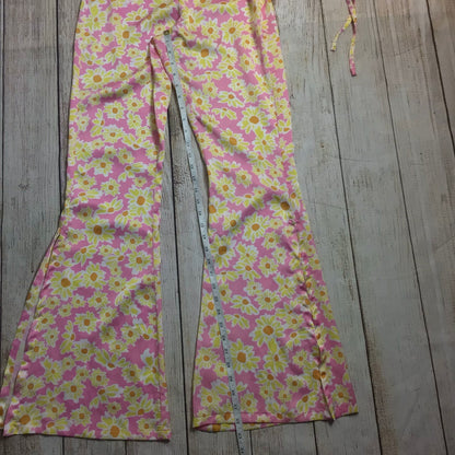 BNWT Bershka Pink & Yellow Floral Retro Print Flared Hippie Trousers Size S