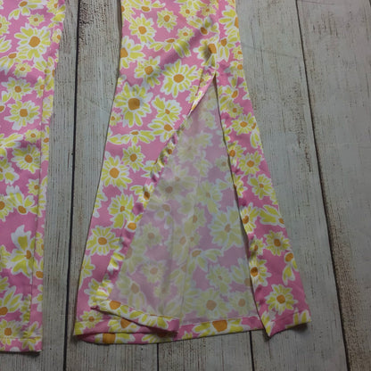 BNWT Bershka Pink & Yellow Floral Retro Print Flared Hippie Trousers Size S