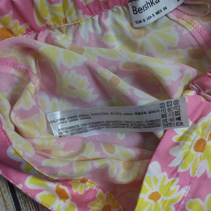 BNWT Bershka Pink & Yellow Floral Retro Print Flared Hippie Trousers Size S