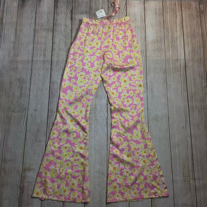 BNWT Bershka Pink & Yellow Floral Retro Print Flared Hippie Trousers Size S