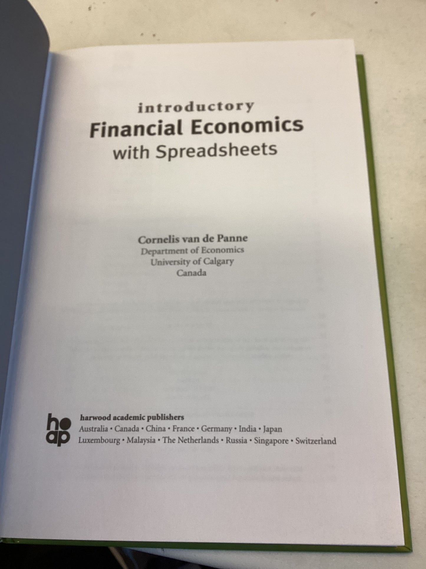 Introductory Financial Economics With Spreadsheets Incudes 1/2 Floppy Disk Cornelis Va De Panne