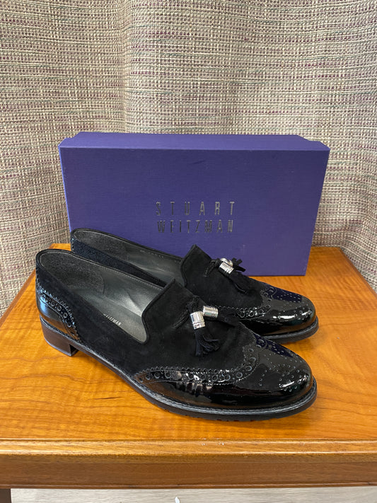 Stuart Weitzman at Russell & Bromley New with Box Black Suede Patent Brogue Tassel Loafers 8.5