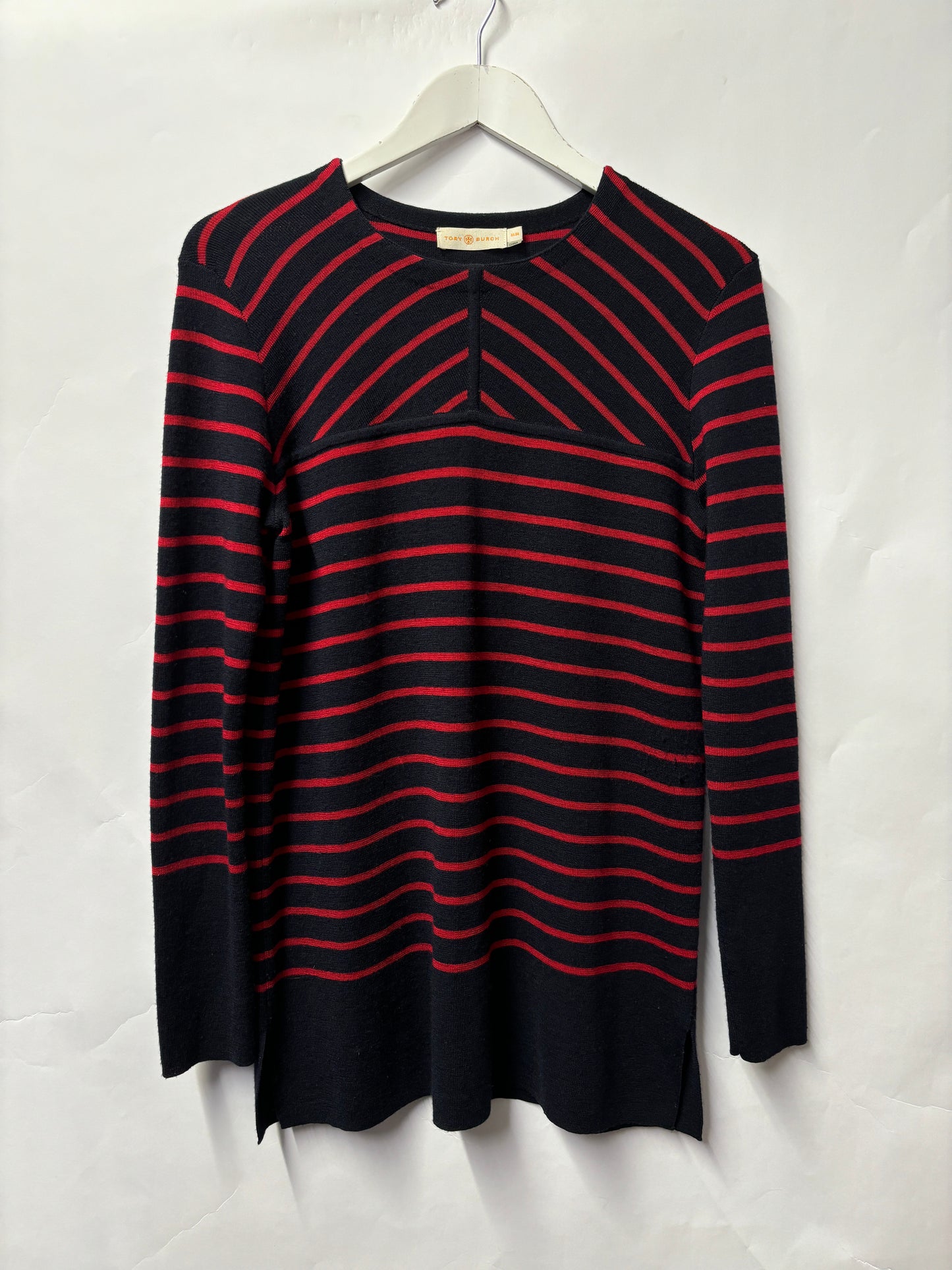 Tory Burch Red and Navy Striped Merino Wool Jumper Medium