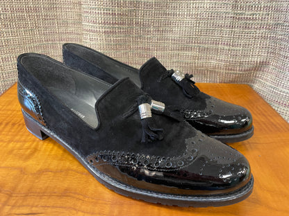 Stuart Weitzman at Russell & Bromley New with Box Black Suede Patent Brogue Tassel Loafers 8.5