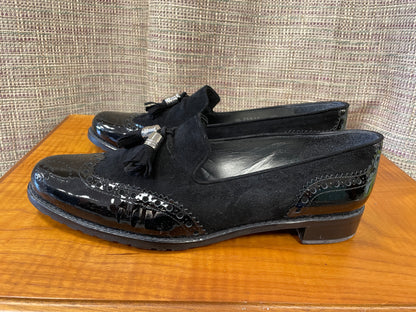 Stuart Weitzman at Russell & Bromley New with Box Black Suede Patent Brogue Tassel Loafers 8.5