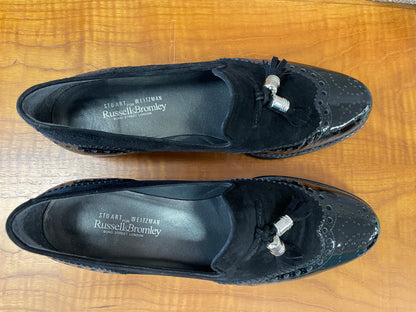 Stuart Weitzman at Russell & Bromley New with Box Black Suede Patent Brogue Tassel Loafers 8.5