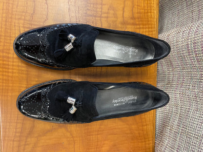 Stuart Weitzman at Russell & Bromley New with Box Black Suede Patent Brogue Tassel Loafers 8.5