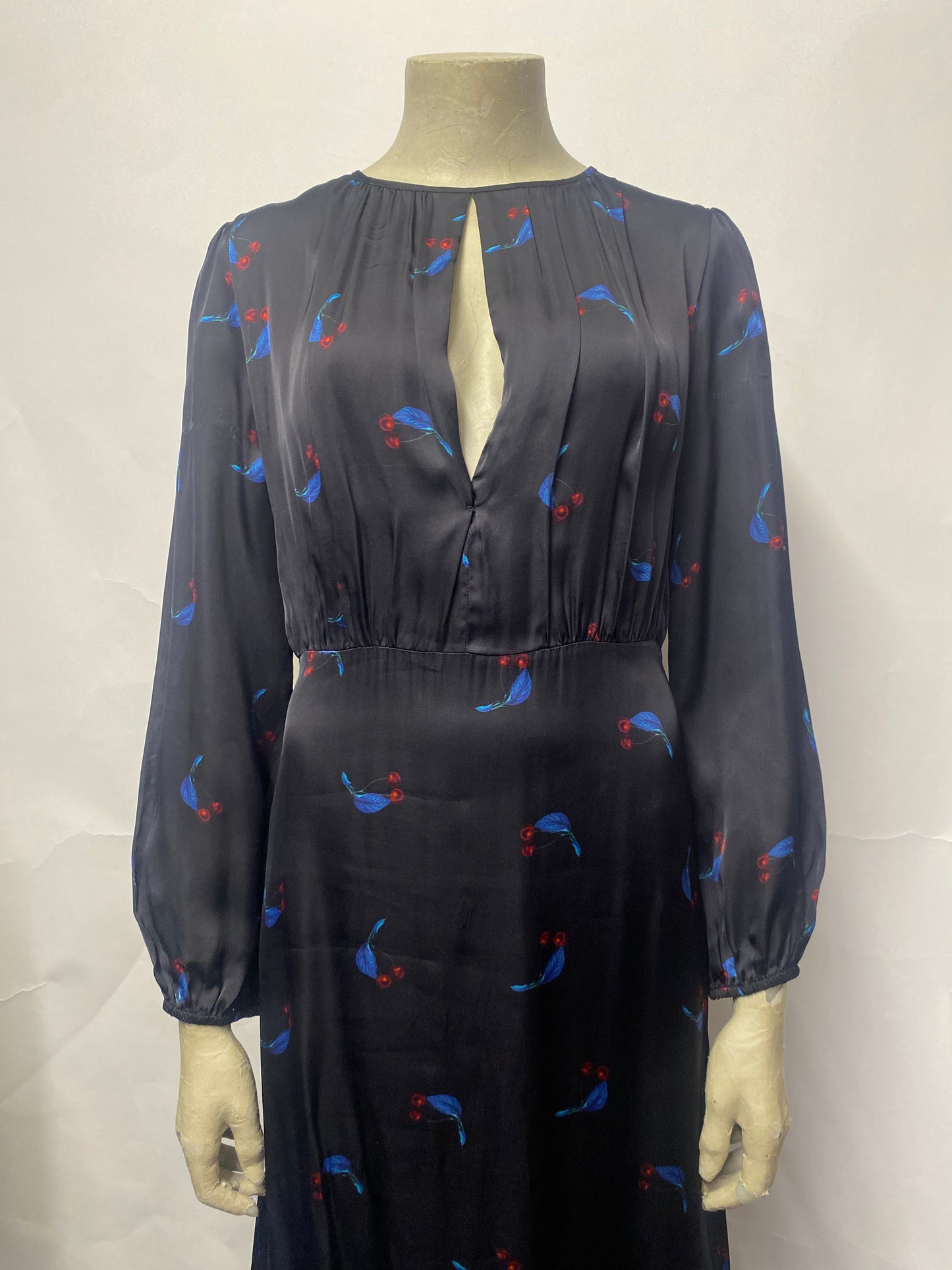 Cynthia Rowley Black, Blue and Red Cherry Long Sleeve Maxi Dress 10