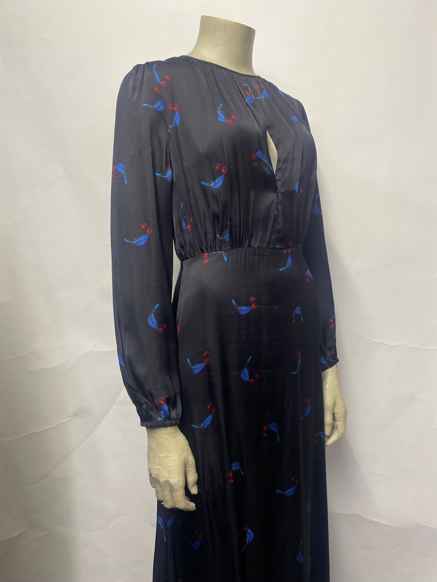Cynthia Rowley Black, Blue and Red Cherry Long Sleeve Maxi Dress 10