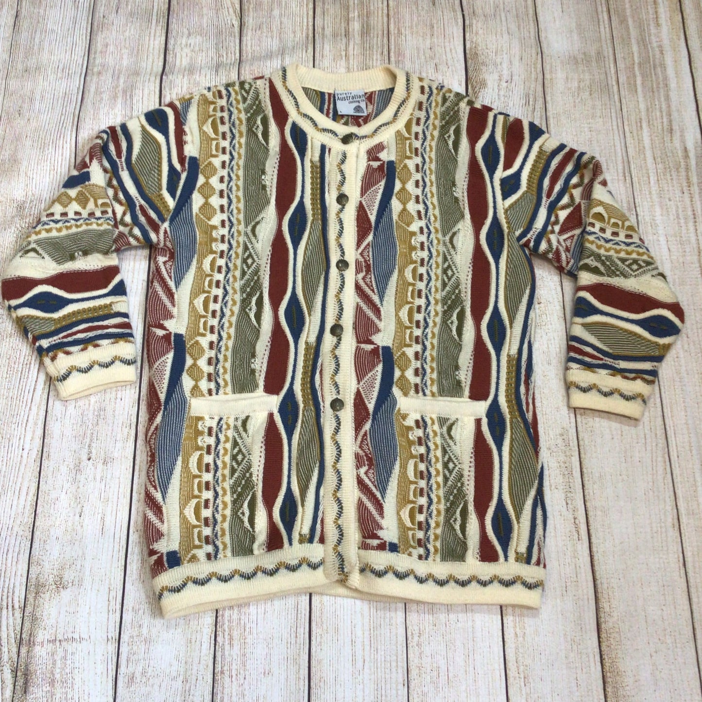 Vintage Purely Australian Multicoloured Pure Wool Cardigan Size L