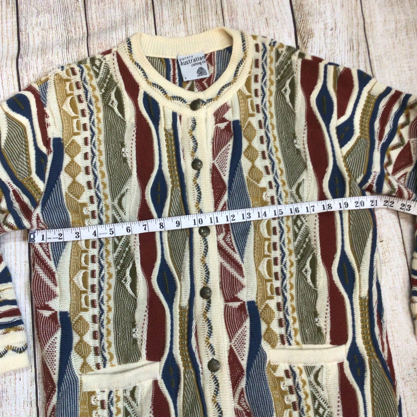 Vintage Purely Australian Multicoloured Pure Wool Cardigan Size L
