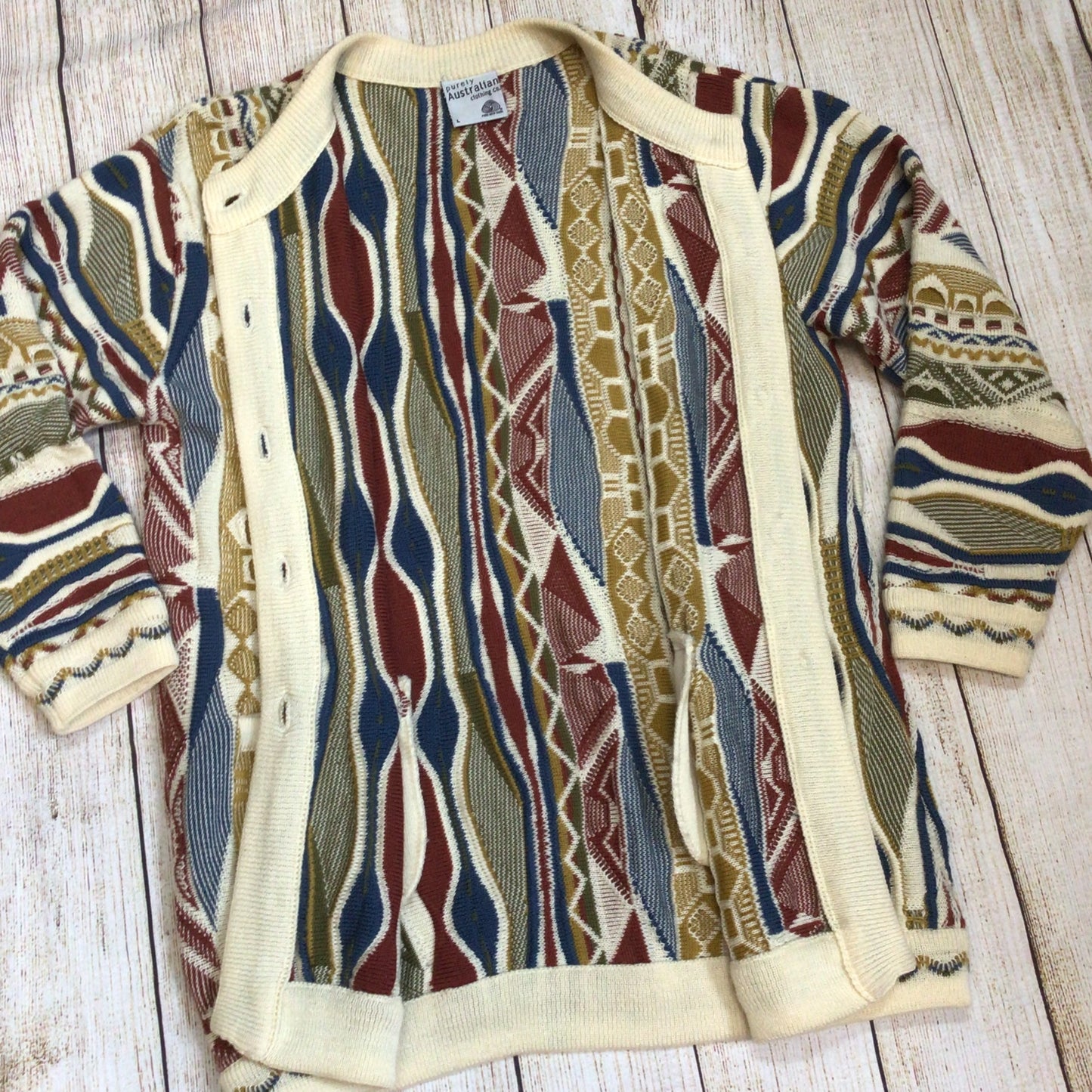 Vintage Purely Australian Multicoloured Pure Wool Cardigan Size L