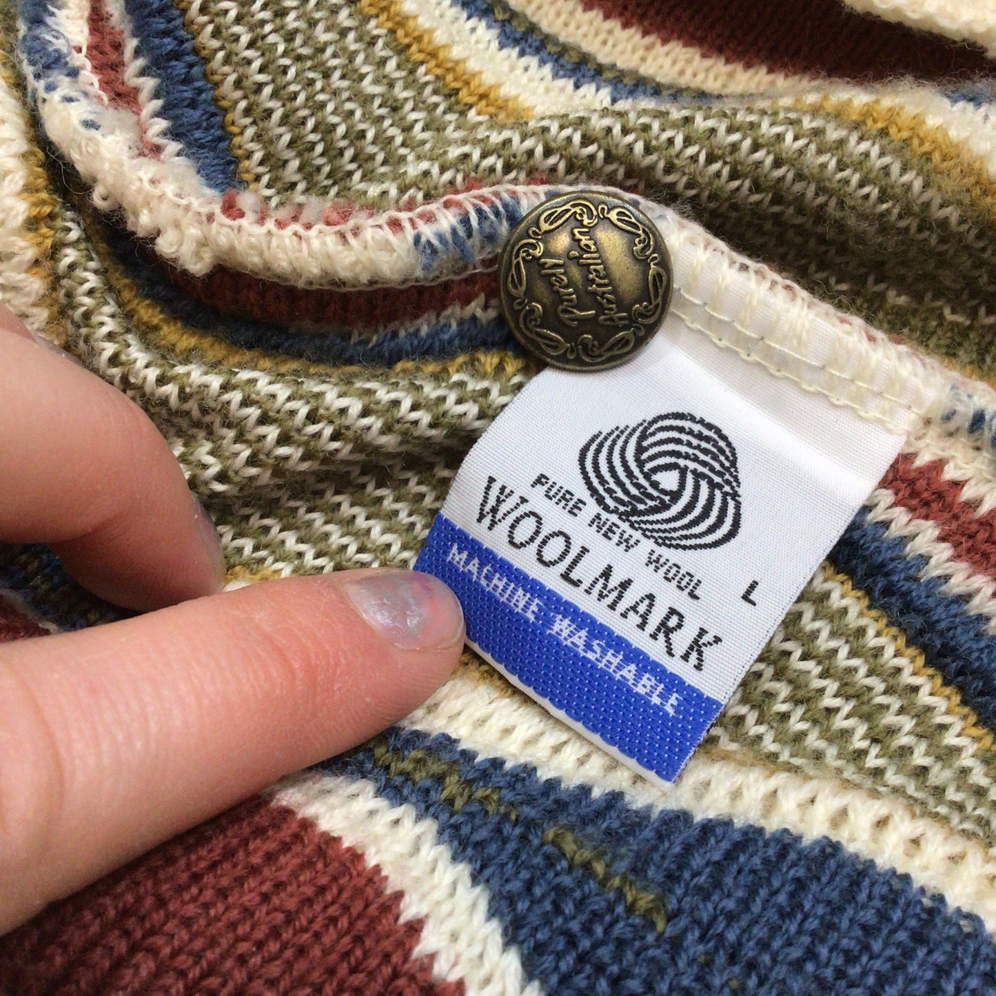 Vintage Purely Australian Multicoloured Pure Wool Cardigan Size L