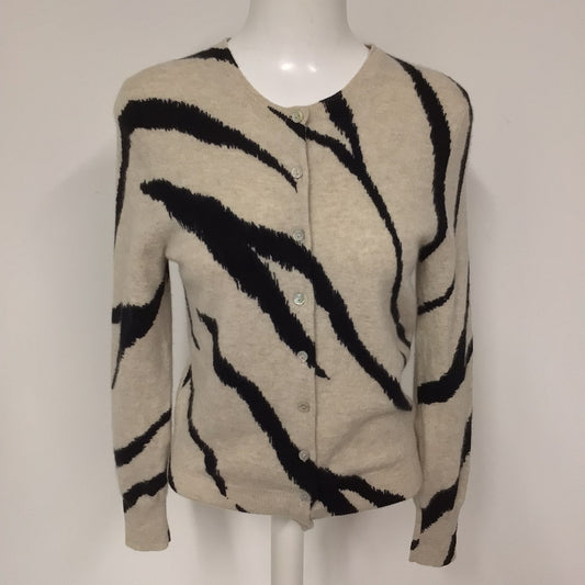 M&S Autograph Oatmeal & Black Animal Print Pure Cashmere Cardigan Size 8