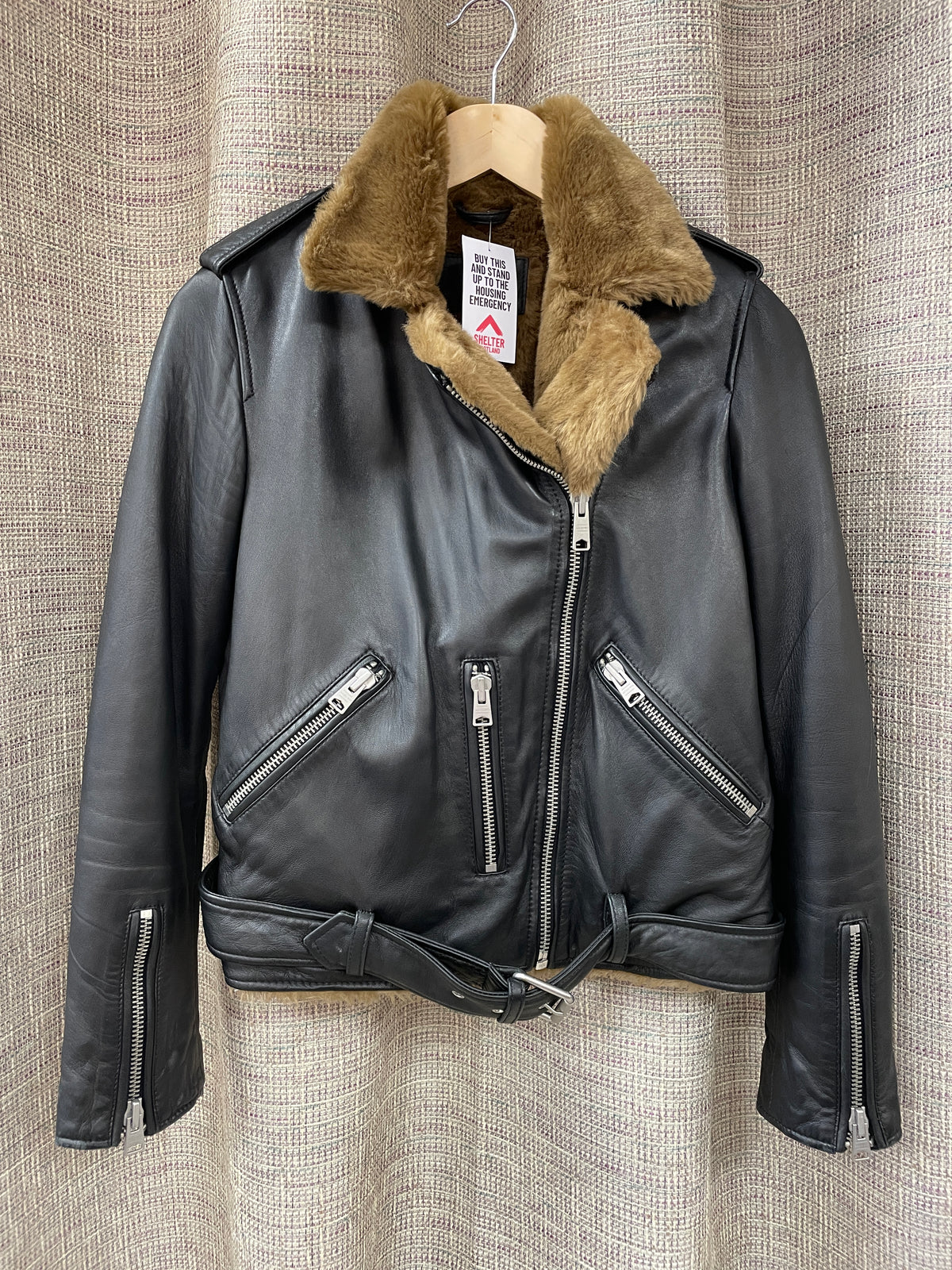 All Saints Black Real Leather Biker Style Jacket with Faux Fur Lining Size 10