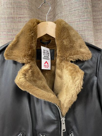 All Saints Black Real Leather Biker Style Jacket with Faux Fur Lining Size 10