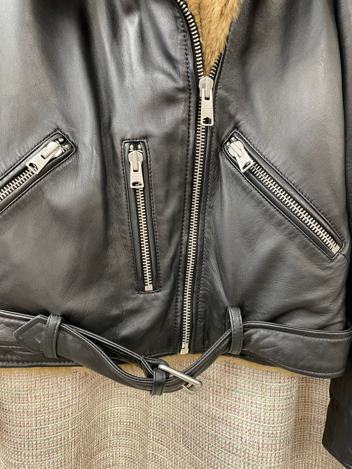 All Saints Black Real Leather Biker Style Jacket with Faux Fur Lining Size 10