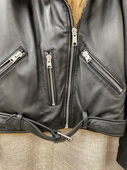 All Saints Black Real Leather Biker Style Jacket with Faux Fur Lining Size 10