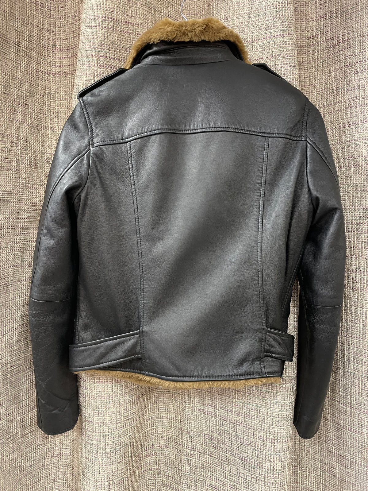 All Saints Black Real Leather Biker Style Jacket with Faux Fur Lining Size 10