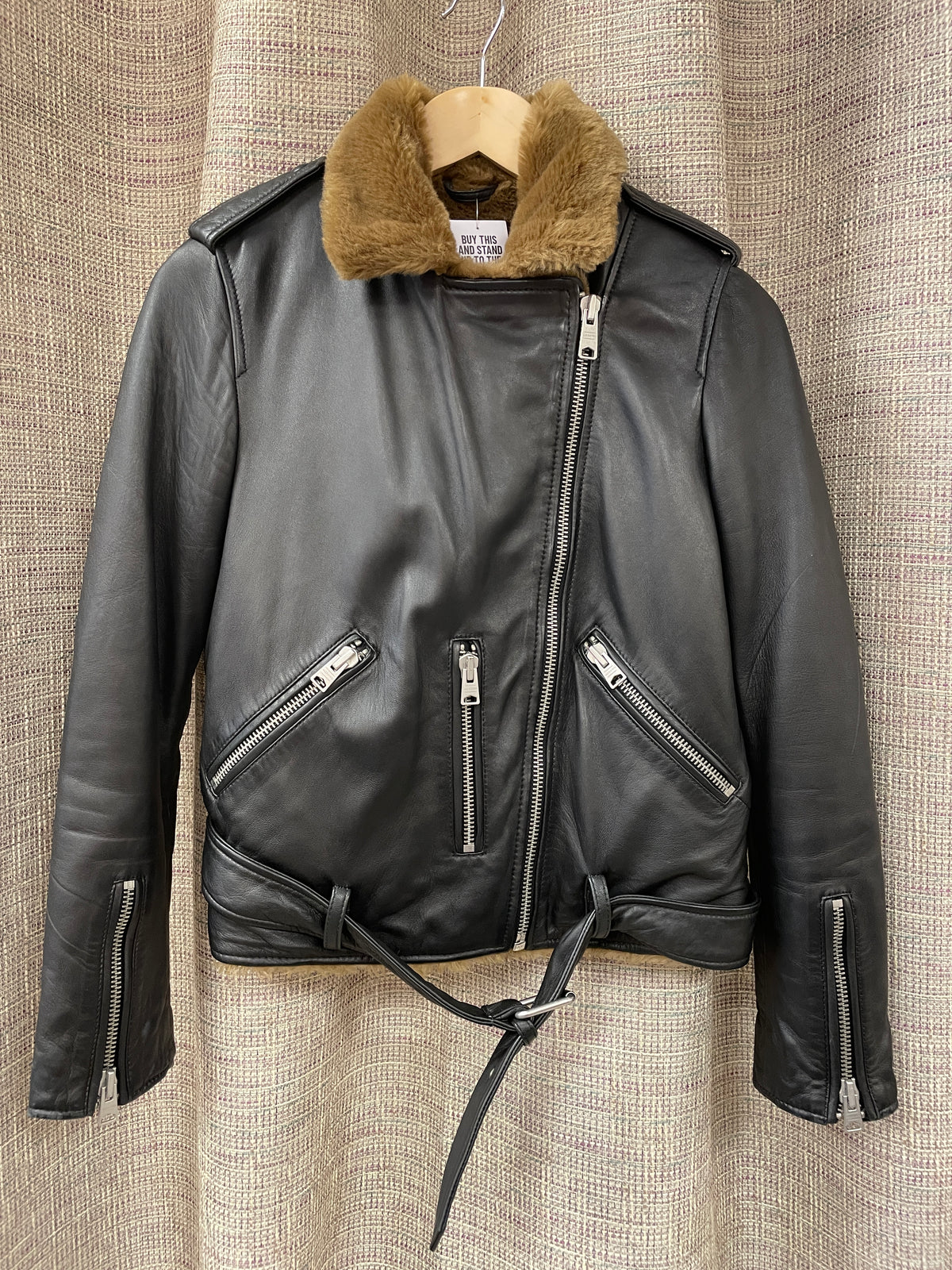 All Saints Black Real Leather Biker Style Jacket with Faux Fur Lining Size 10