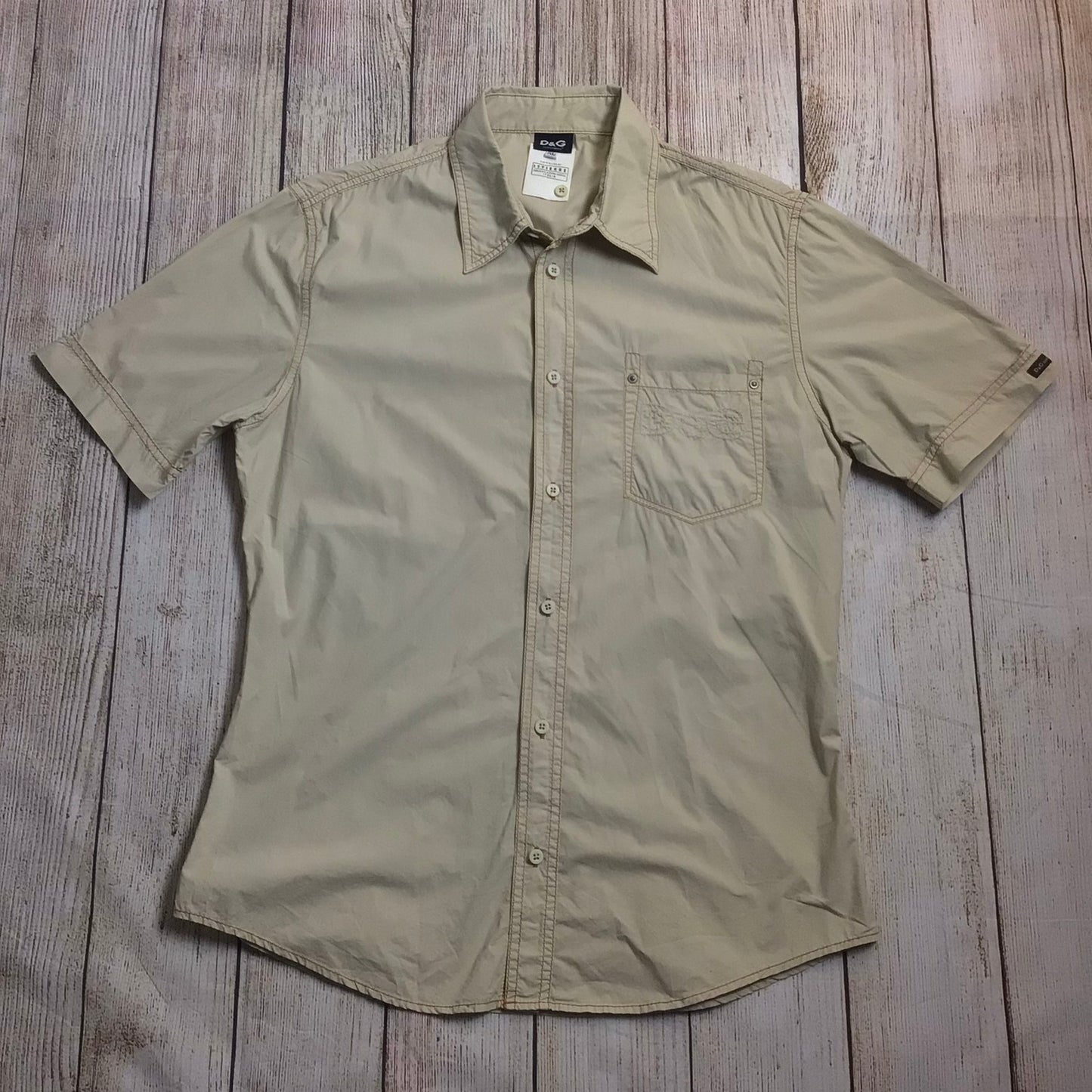 D&G Dolce & Gabbana Beige Khaki Short Sleeve Shirt 100% Cotton Size XL