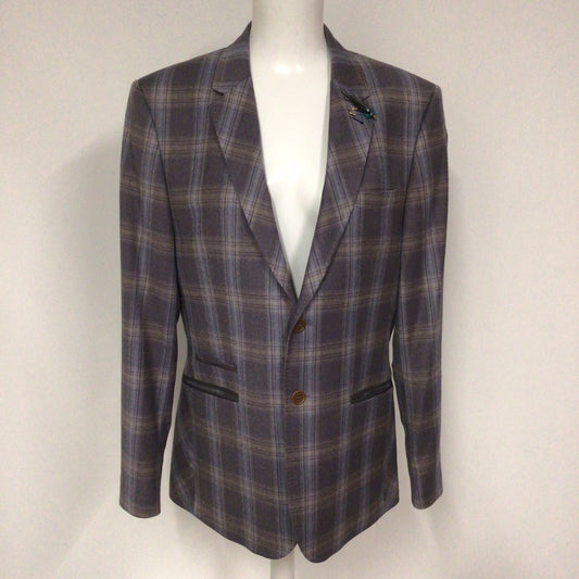 Ted Baker Tight Lines Purple & Grey 100% Wool Checked Blazer w/Pin Size 40R