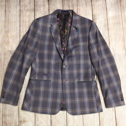 Ted Baker Tight Lines Purple & Grey 100% Wool Checked Blazer w/Pin Size 40R