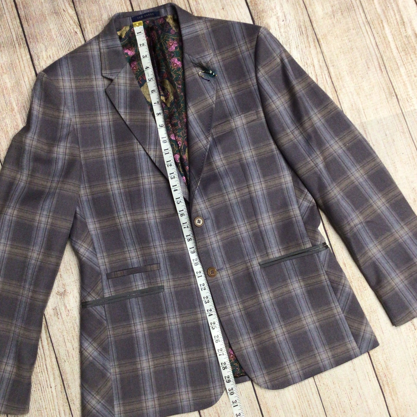 Ted Baker Tight Lines Purple & Grey 100% Wool Checked Blazer w/Pin Size 40R