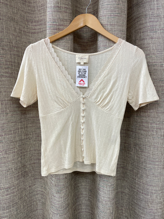 Sezane Cream Off White Short Sleeve V Neck Pointelle Top Small