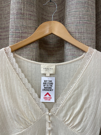 Sezane Cream Off White Short Sleeve V Neck Pointelle Top Small