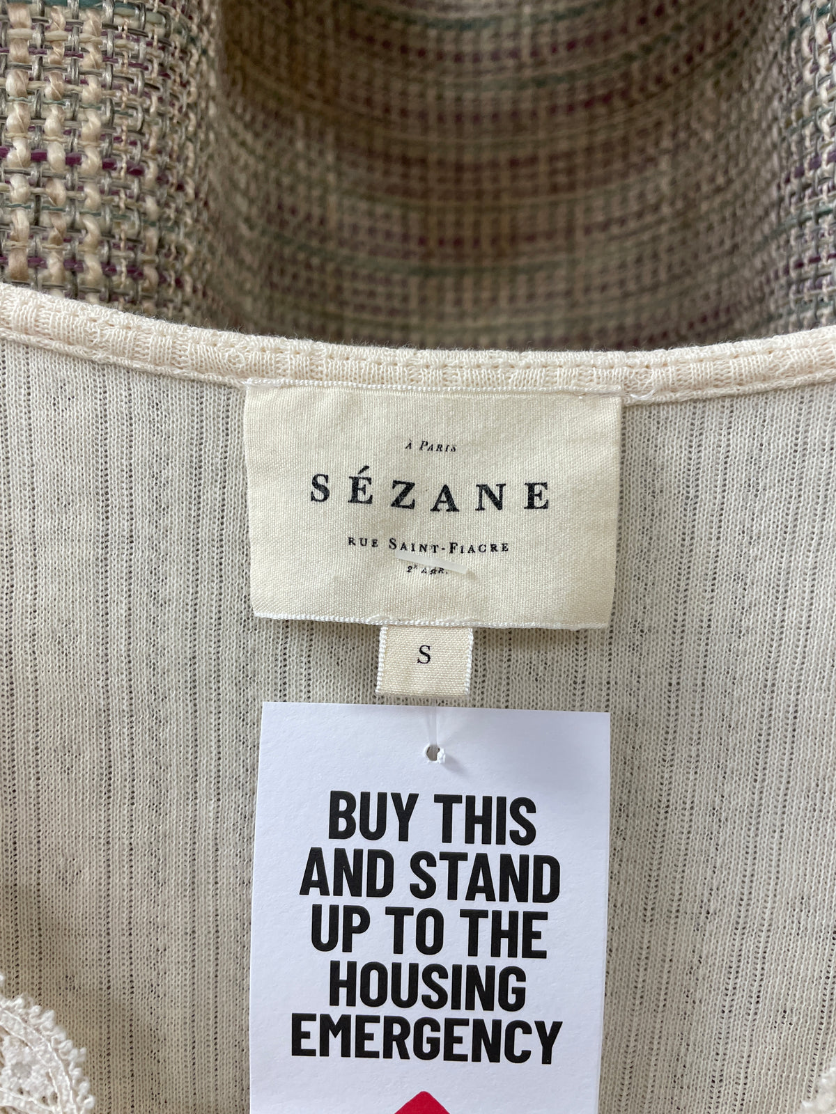 Sezane Cream Off White Short Sleeve V Neck Pointelle Top Small