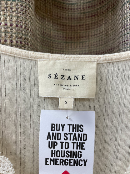 Sezane Cream Off White Short Sleeve V Neck Pointelle Top Small