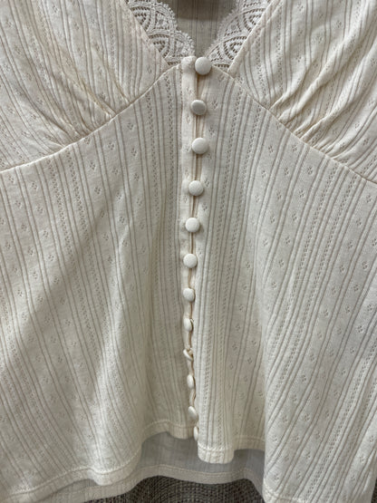 Sezane Cream Off White Short Sleeve V Neck Pointelle Top Small
