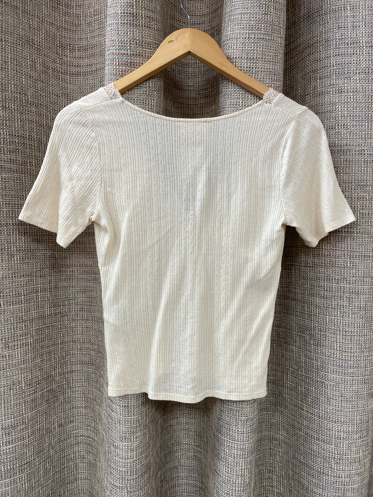 Sezane Cream Off White Short Sleeve V Neck Pointelle Top Small