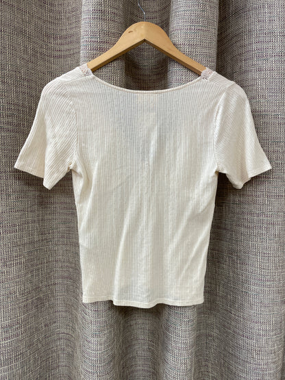 Sezane Cream Off White Short Sleeve V Neck Pointelle Top Small