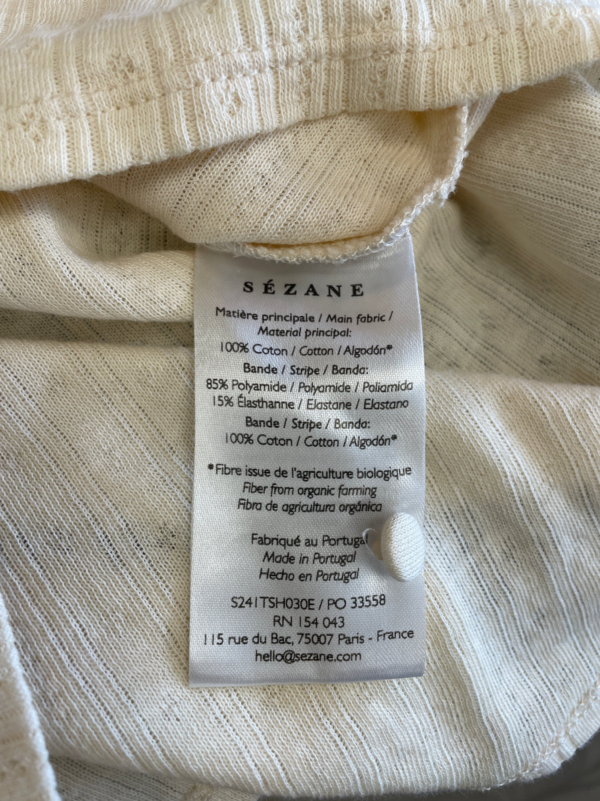 Sezane Cream Off White Short Sleeve V Neck Pointelle Top Small