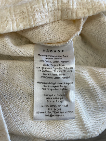 Sezane Cream Off White Short Sleeve V Neck Pointelle Top Small