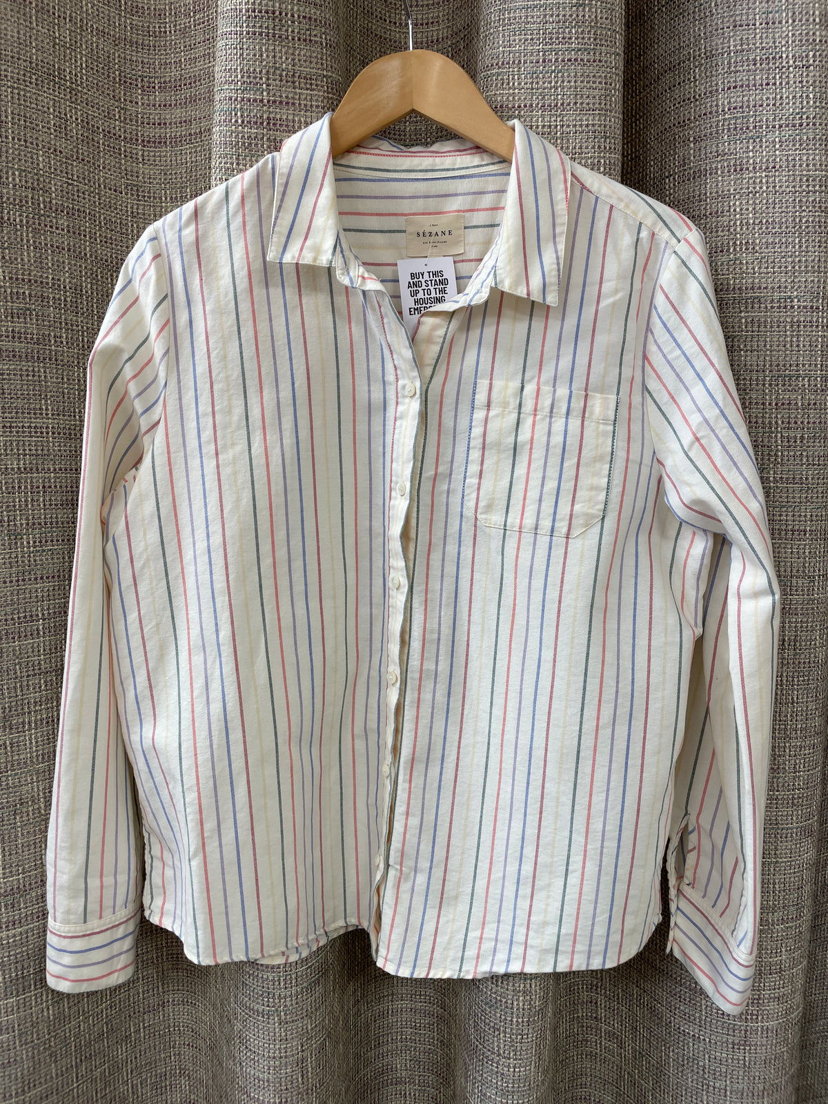 Sezane Cream Multi Stipe Long Sleeve Cotton Shirt Size 42 Medium