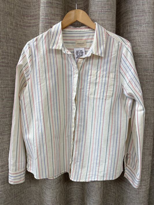 Sezane Cream Multi Stipe Long Sleeve Cotton Shirt Size 42 Medium