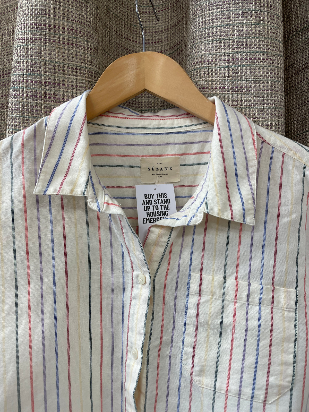 Sezane Cream Multi Stipe Long Sleeve Cotton Shirt Size 42 Medium