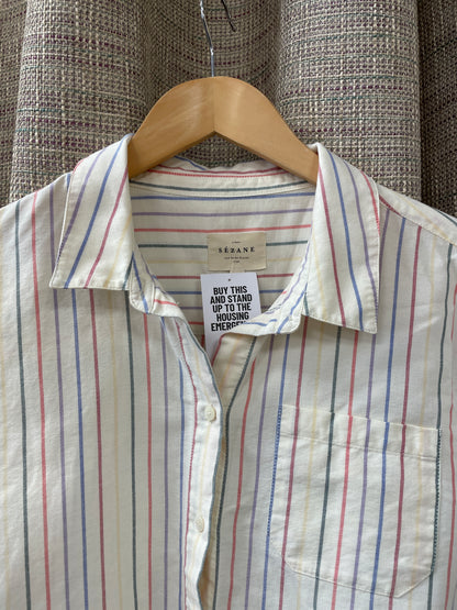 Sezane Cream Multi Stipe Long Sleeve Cotton Shirt Size 42 Medium