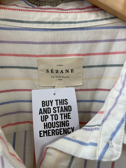 Sezane Cream Multi Stipe Long Sleeve Cotton Shirt Size 42 Medium