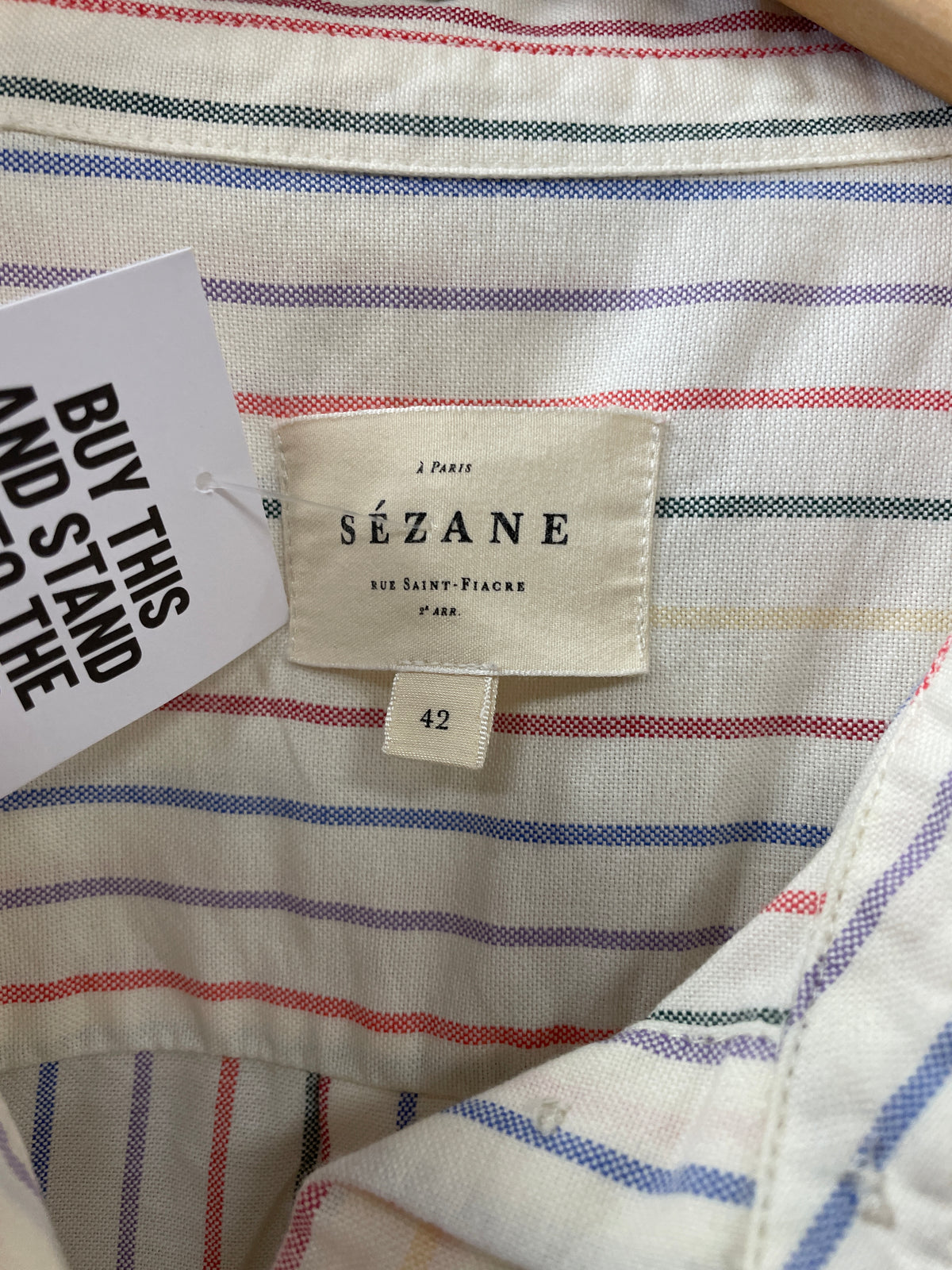 Sezane Cream Multi Stipe Long Sleeve Cotton Shirt Size 42 Medium
