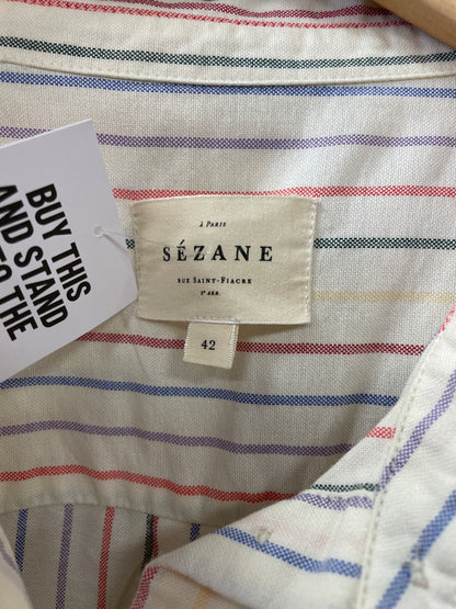 Sezane Cream Multi Stipe Long Sleeve Cotton Shirt Size 42 Medium