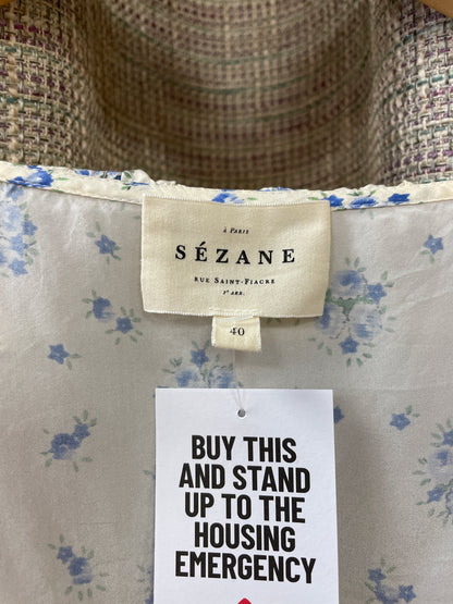 Sezane Cream Blue Ditsy Print Floral Short Sleeve Silk Blouse Top Size 40 Medium