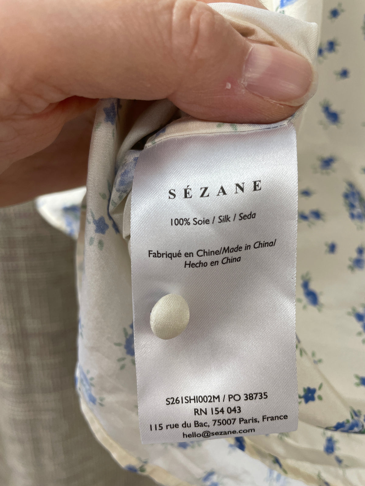 Sezane Cream Blue Ditsy Print Floral Short Sleeve Silk Blouse Top Size 40 Medium
