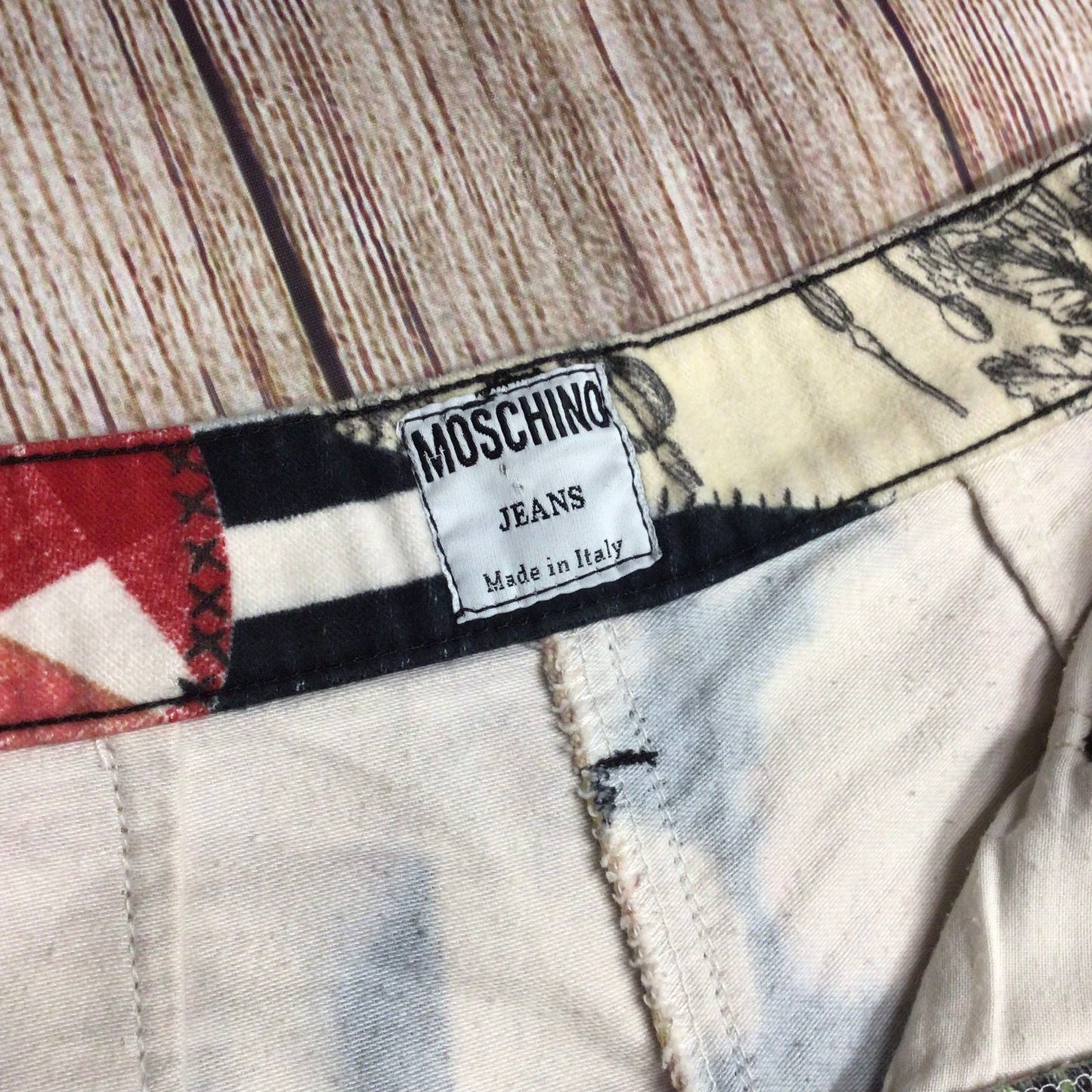 Moschino Made in Italy Multi Collage Print 100% Cotton Jeans Size 10 UK