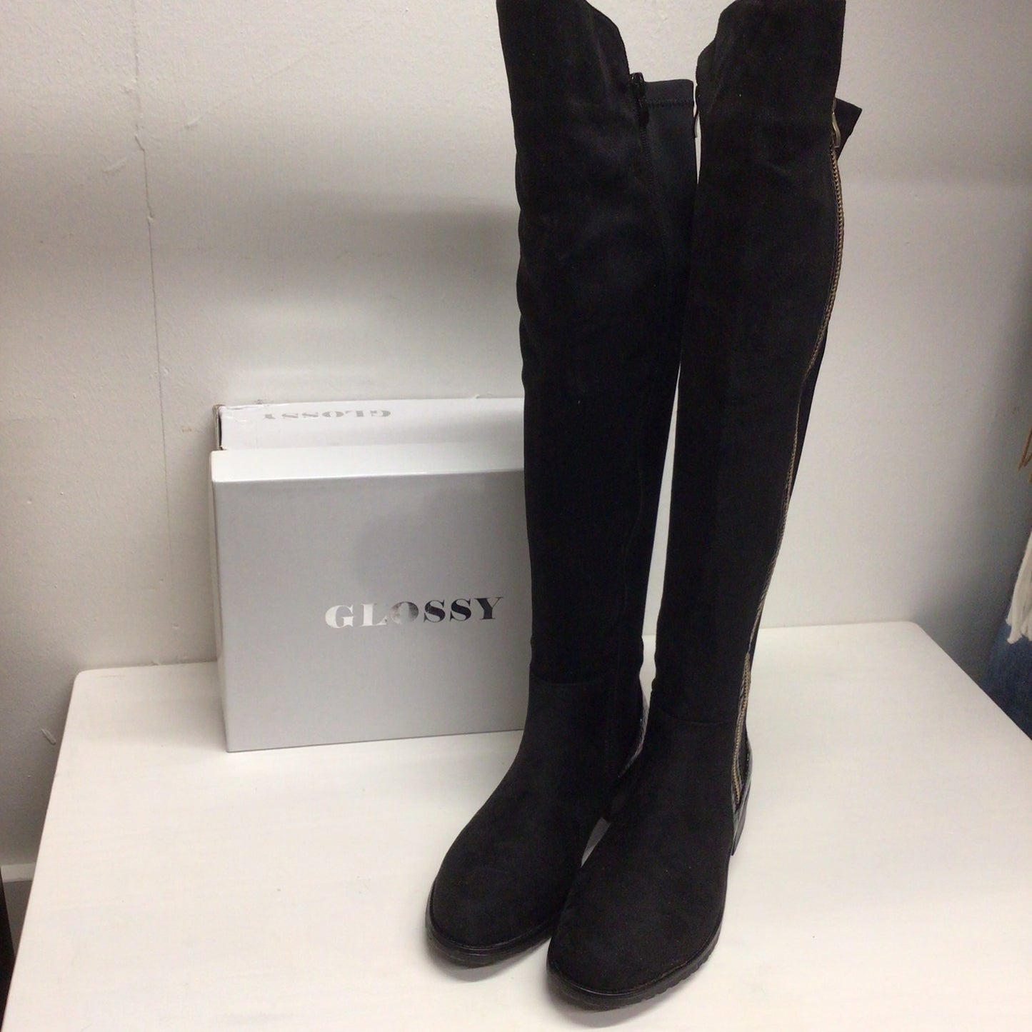 Glossy Black Patent Mock Croc Faux Leather Knee High Boots Size 38 EU (5 UK)